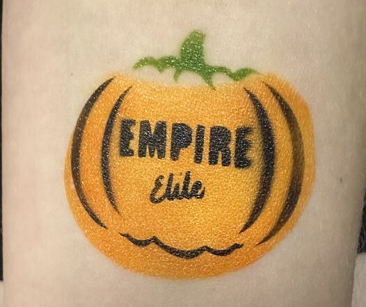 A pumpkin created when fundraising at Empire Elite for the Rebels Cheer Team. We supply Airbrush Face Painting in Spalding.