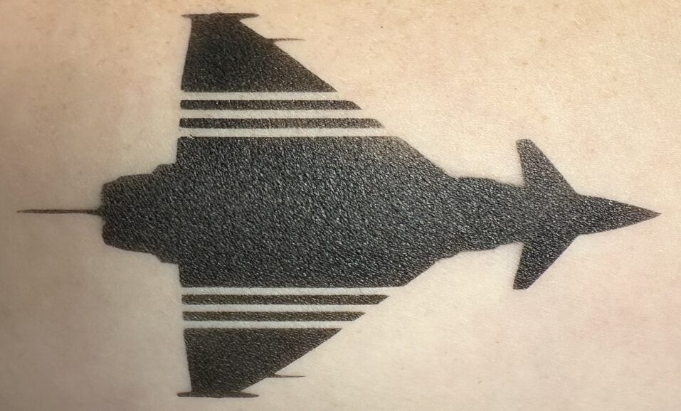 An image of an RAF typhoon design based on the D-Day FMOG livery. Created and Designed by Rebels Airbrush Tattoos who supply temporary airbrush tattoos and face painting in Spalding.